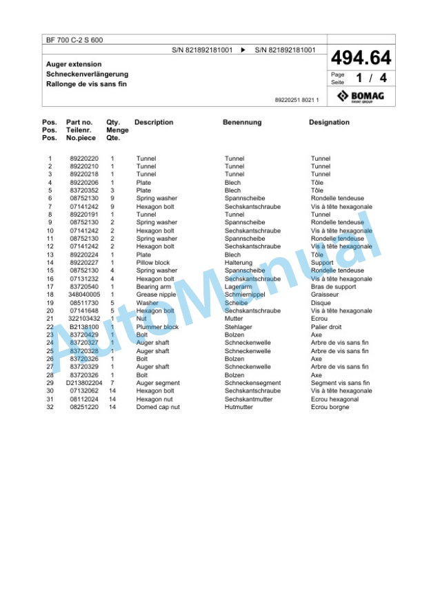 Bomag BF 700 C-2 S 600 Paver Spare Parts Catalogue 00800953 3 Bomag BF 700 C-2 S 600 Paver Spare Parts Catalogue 00800953-3