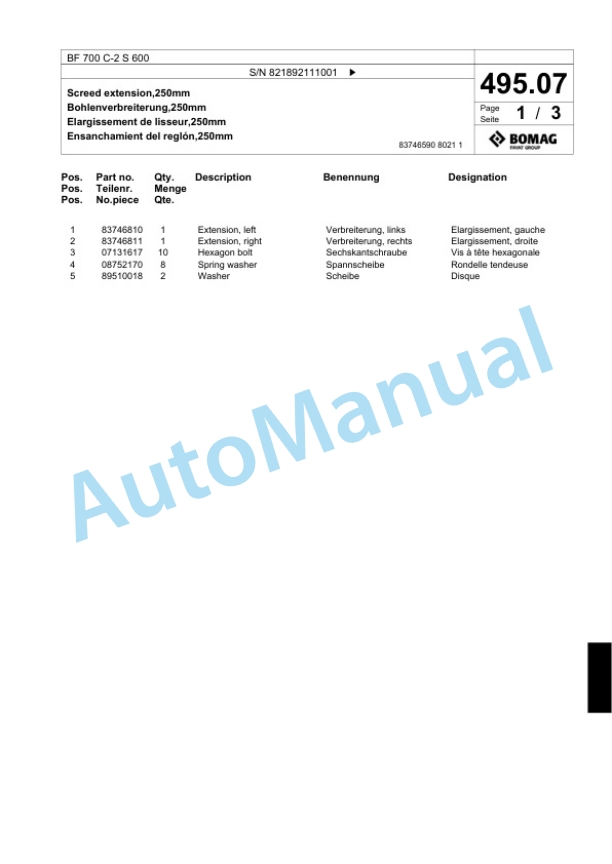 Bomag BF 700 C-2 S 600 Paver Spare Parts Catalogue 00824491 3 Bomag BF 700 C-2 S 600 Paver Spare Parts Catalogue 00824491-3