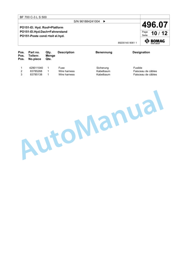 Bomag BF 700 C-3 L S 500 Paver Spare Parts Catalogue 00826987-3