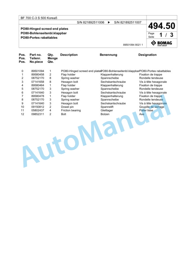 Bomag BF 700 C-3 S 500 Korea5 Paver Spare Parts Catalogue 00826693 2 Bomag BF 700 C-3 S 500 Korea5 Paver Spare Parts Catalogue 00826693-2
