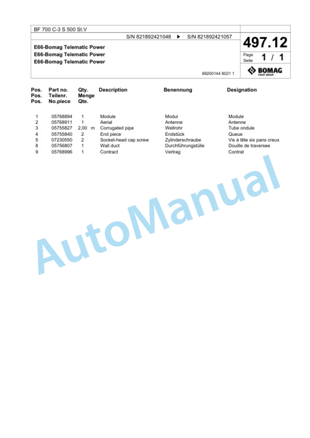 Bomag BF 700 C-3 S 500 St.V Paver Spare Parts Catalogue 00826351 5 Bomag BF 700 C-3 S 500 St.V Paver Spare Parts Catalogue 00826351-5