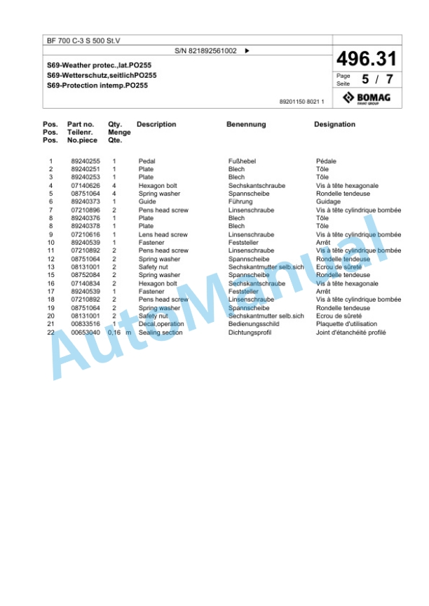 Bomag BF 700 C-3 S 500 St.V Paver Spare Parts Catalogue 00826979 3 Bomag BF 700 C-3 S 500 St.V Paver Spare Parts Catalogue 00826979-3
