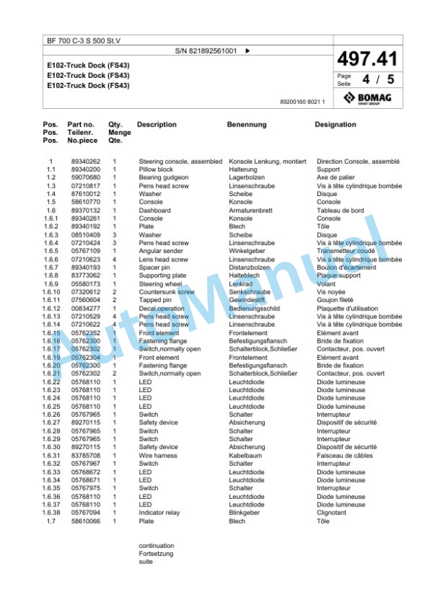 Bomag BF 700 C-3 S 500 St.V Paver Spare Parts Catalogue 00826979 4 Bomag BF 700 C-3 S 500 St.V Paver Spare Parts Catalogue 00826979-4