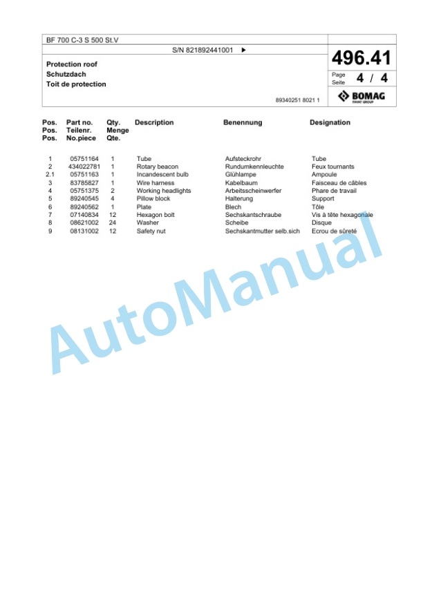 Bomag BF 700 C-3 S 500 St.V Paver Spare Parts Catalogue 00827171 3 Bomag BF 700 C-3 S 500 St.V Paver Spare Parts Catalogue 00827171-3