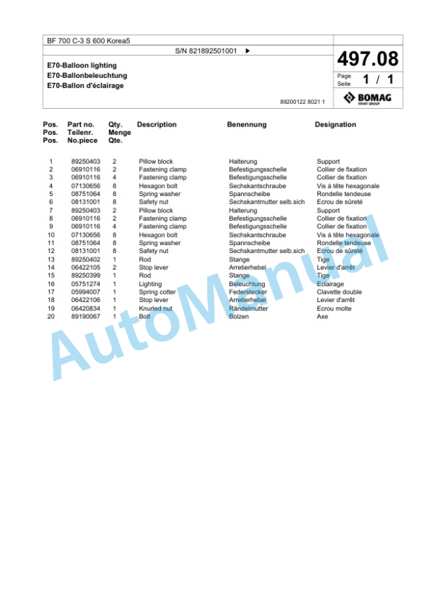 Bomag BF 700 C-3 S 600 Korea5 Paver Spare Parts Catalogue 00827127 3 Bomag BF 700 C-3 S 600 Korea5 Paver Spare Parts Catalogue 00827127-3