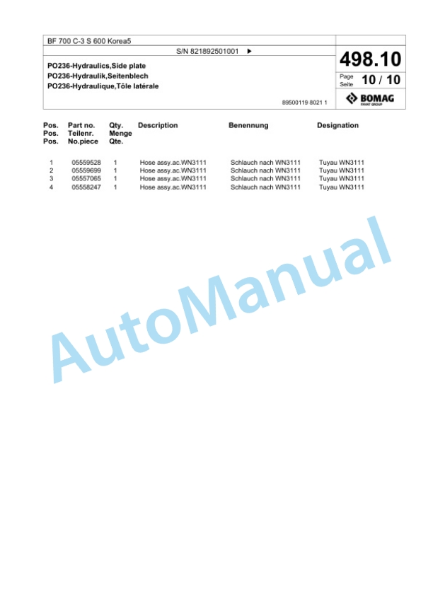Bomag BF 700 C-3 S 600 Korea5 Paver Spare Parts Catalogue 00827127 4 Bomag BF 700 C-3 S 600 Korea5 Paver Spare Parts Catalogue 00827127-4