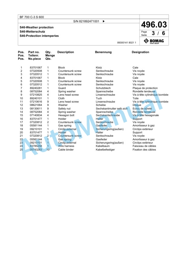 Bomag BF 700 C-3 S 600 Paver Spare Parts Catalogue 00826417 3 Bomag BF 700 C-3 S 600 Paver Spare Parts Catalogue 00826417-3