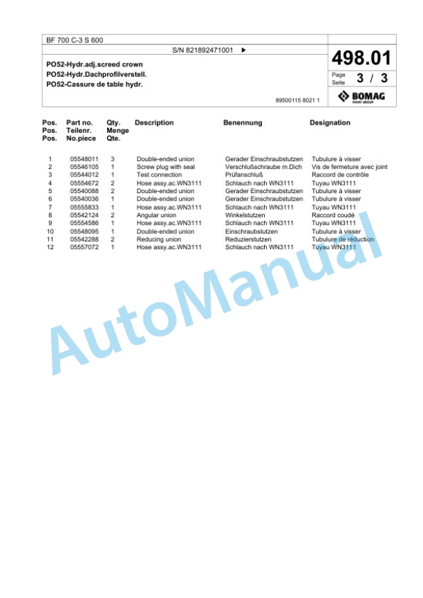 Bomag BF 700 C-3 S 600 Paver Spare Parts Catalogue 00826417 5 Bomag BF 700 C-3 S 600 Paver Spare Parts Catalogue 00826417-5