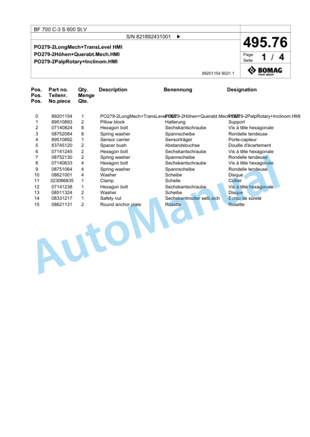 Bomag BF 700 C-3 S 600 St.V Paver Spare Parts Catalogue 00826353 3 Bomag BF 700 C-3 S 600 St.V Paver Spare Parts Catalogue 00826353-3