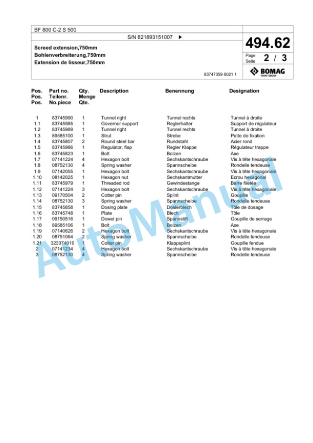 Bomag BF 800 C-2 S 500 Paver Spare Parts Catalogue 00800915 3 Bomag BF 800 C-2 S 500 Paver Spare Parts Catalogue 00800915-3