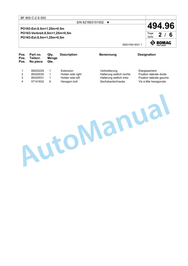 Bomag BF 800 C-2 S 500 Paver Spare Parts Catalogue 00800915 4 Bomag BF 800 C-2 S 500 Paver Spare Parts Catalogue 00800915-4