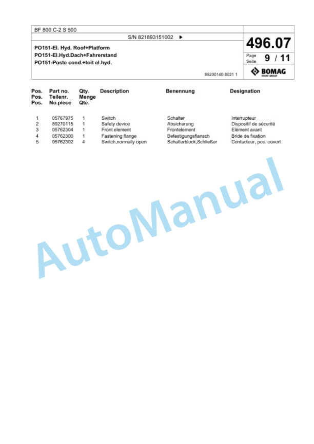 Bomag BF 800 C-2 S 500 Paver Spare Parts Catalogue 00800915 5 Bomag BF 800 C-2 S 500 Paver Spare Parts Catalogue 00800915-5
