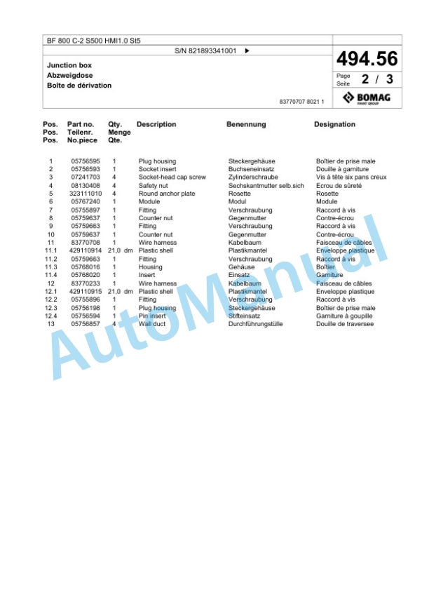 Bomag BF 800 C-2 S500 HMI1.0 St5 Paver Spare Parts Catalogue 00825855 2 Bomag BF 800 C-2 S500 HMI1.0 St5 Paver Spare Parts Catalogue 00825855-2