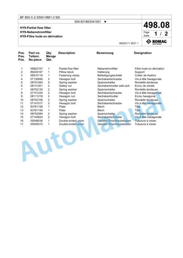 Bomag BF 800 C-2 S500 HMI1.0 St5 Paver Spare Parts Catalogue 00825855 5 Bomag BF 800 C-2 S500 HMI1.0 St5 Paver Spare Parts Catalogue 00825855-5