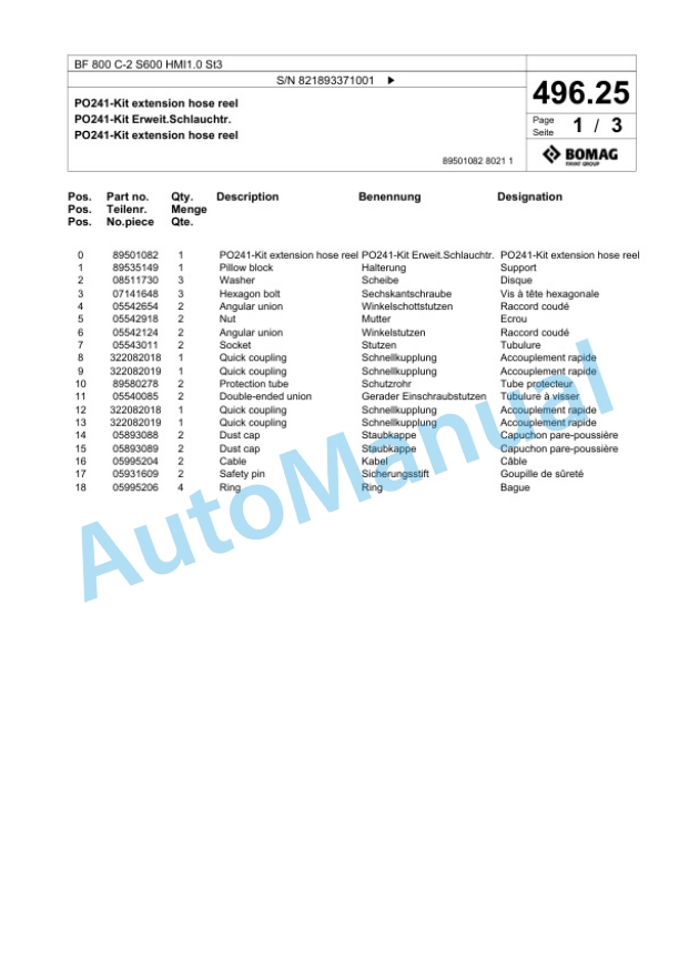 Bomag BF 800 C-2 S600 HMI1.0 St3 Paver Spare Parts Catalogue 00825861 3 Bomag BF 800 C-2 S600 HMI1.0 St3 Paver Spare Parts Catalogue 00825861-3