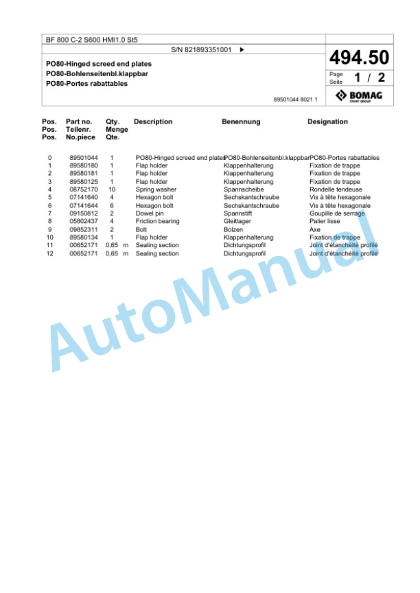 Bomag BF 800 C-2 S600 HMI1.0 St5 Paver Spare Parts Catalogue 00825857 2 Bomag BF 800 C-2 S600 HMI1.0 St5 Paver Spare Parts Catalogue 00825857-2