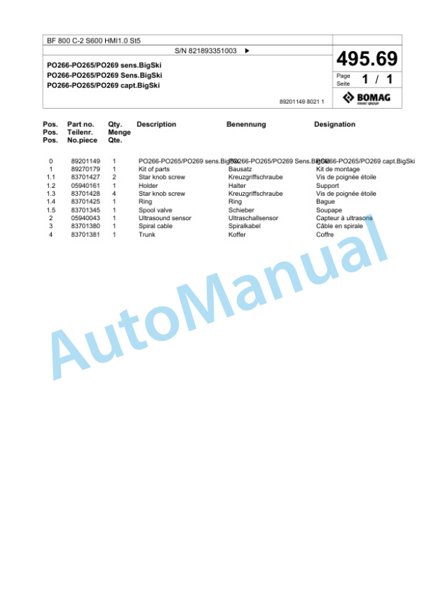 Bomag BF 800 C-2 S600 HMI1.0 St5 Paver Spare Parts Catalogue 00825857 3 Bomag BF 800 C-2 S600 HMI1.0 St5 Paver Spare Parts Catalogue 00825857-3