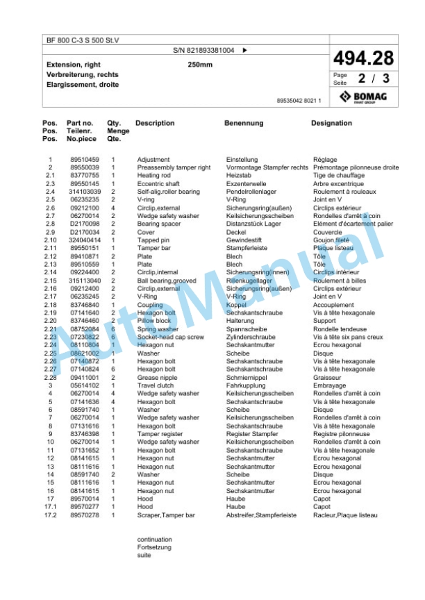 Bomag BF 800 C-3 S 500 St.V Paver Spare Parts Catalogue 00826405 2 Bomag BF 800 C-3 S 500 St.V Paver Spare Parts Catalogue 00826405-2