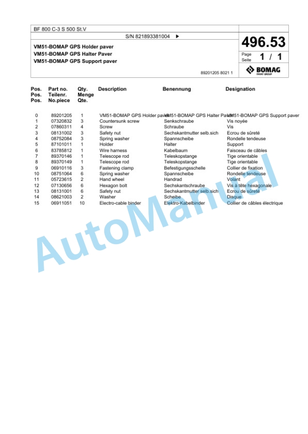 Bomag BF 800 C-3 S 500 St.V Paver Spare Parts Catalogue 00826405 5 Bomag BF 800 C-3 S 500 St.V Paver Spare Parts Catalogue 00826405-5