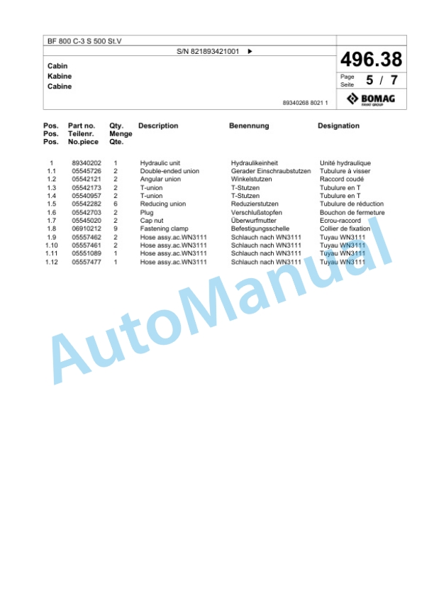 Bomag BF 800 C-3 S 500 St.V Paver Spare Parts Catalogue 00826983 3 Bomag BF 800 C-3 S 500 St.V Paver Spare Parts Catalogue 00826983-3