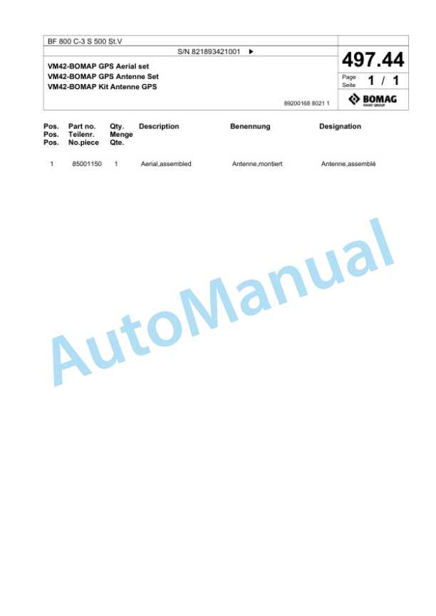 Bomag BF 800 C-3 S 500 St.V Paver Spare Parts Catalogue 00826983 4 Bomag BF 800 C-3 S 500 St.V Paver Spare Parts Catalogue 00826983-4