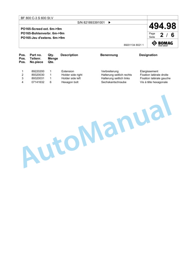 Bomag BF 800 C-3 S 600 St.V Paver Spare Parts Catalogue 00826407 3 Bomag BF 800 C-3 S 600 St.V Paver Spare Parts Catalogue 00826407-3