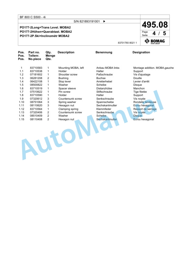 Bomag BF 800 C S500 - 4i Paver Spare Parts Catalogue 00800923 3 Bomag BF 800 C S500 - 4i Paver Spare Parts Catalogue 00800923-3