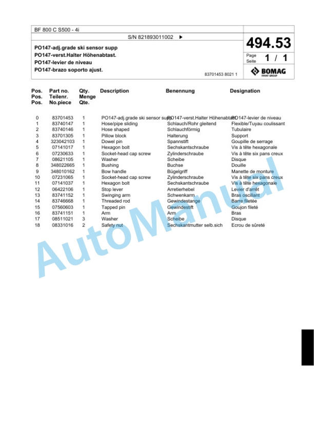Bomag BF 800 C S500 - 4i Paver Spare Parts Catalogue 00824209 2 Bomag BF 800 C S500 - 4i Paver Spare Parts Catalogue 00824209-2