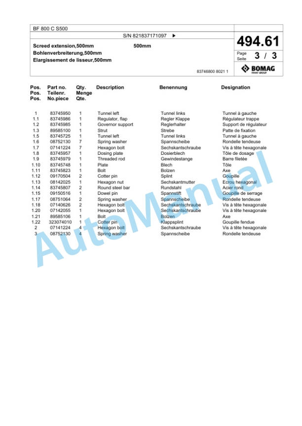 Bomag BF 800 C S500 Paver Spare Parts Catalogue 00800871 3 Bomag BF 800 C S500 Paver Spare Parts Catalogue 00800871-3