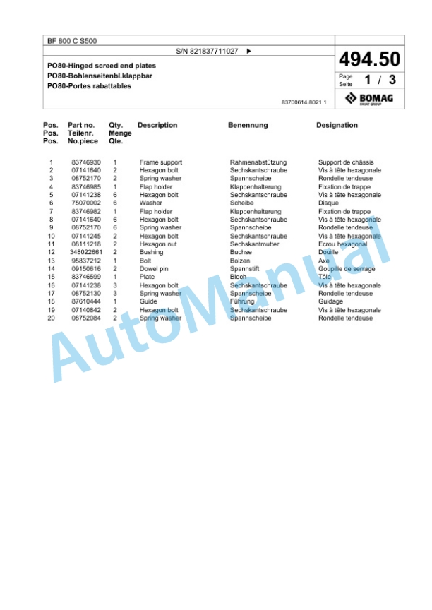 Bomag BF 800 C S500 Paver Spare Parts Catalogue 00800877 2 Bomag BF 800 C S500 Paver Spare Parts Catalogue 00800877-2