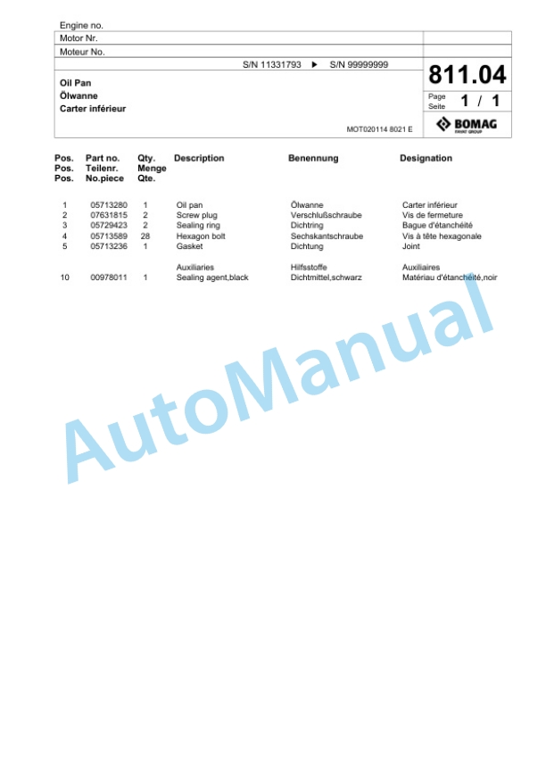 Bomag BF 800 C S600 - 4i Paver Spare Parts Catalogue 00800925 4 Bomag BF 800 C S600 - 4i Paver Spare Parts Catalogue 00800925-4