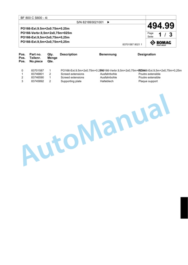 Bomag BF 800 C S600 - 4i Paver Spare Parts Catalogue 00824211 3 Bomag BF 800 C S600 - 4i Paver Spare Parts Catalogue 00824211-3