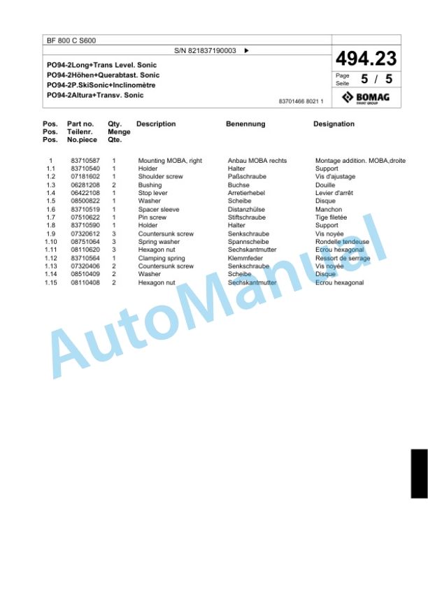 Bomag BF 800 C S600 Paver Spare Parts Catalogue 00800681 2 Bomag BF 800 C S600 Paver Spare Parts Catalogue 00800681-2