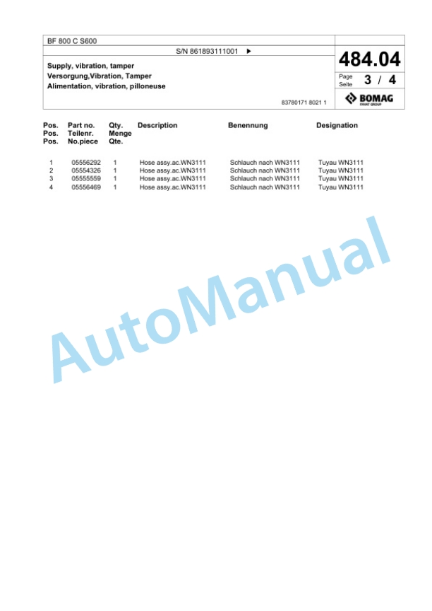 Bomag BF 800 C S600 Paver Spare Parts Catalogue 00800851 2 Bomag BF 800 C S600 Paver Spare Parts Catalogue 00800851-2