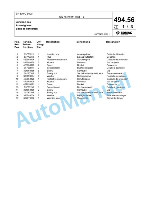 Bomag BF 800 C S600 Paver Spare Parts Catalogue 00800851 3 Bomag BF 800 C S600 Paver Spare Parts Catalogue 00800851-3