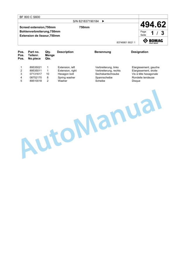 Bomag BF 800 C S600 Paver Spare Parts Catalogue 00800873 3 Bomag BF 800 C S600 Paver Spare Parts Catalogue 00800873-3