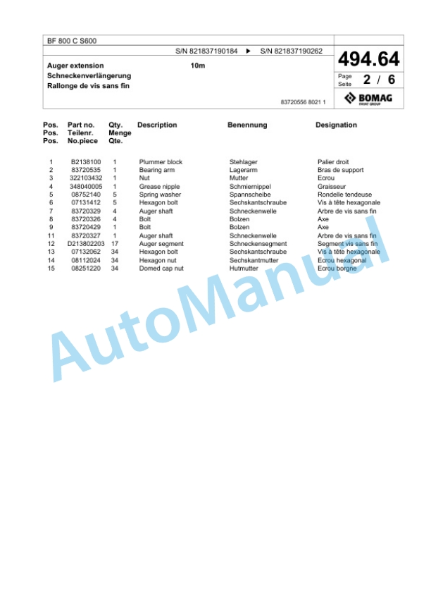 Bomag BF 800 C S600 Paver Spare Parts Catalogue 00800873 4 Bomag BF 800 C S600 Paver Spare Parts Catalogue 00800873-4