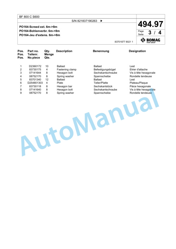 Bomag BF 800 C S600 Paver Spare Parts Catalogue 00800873 5 Bomag BF 800 C S600 Paver Spare Parts Catalogue 00800873-5