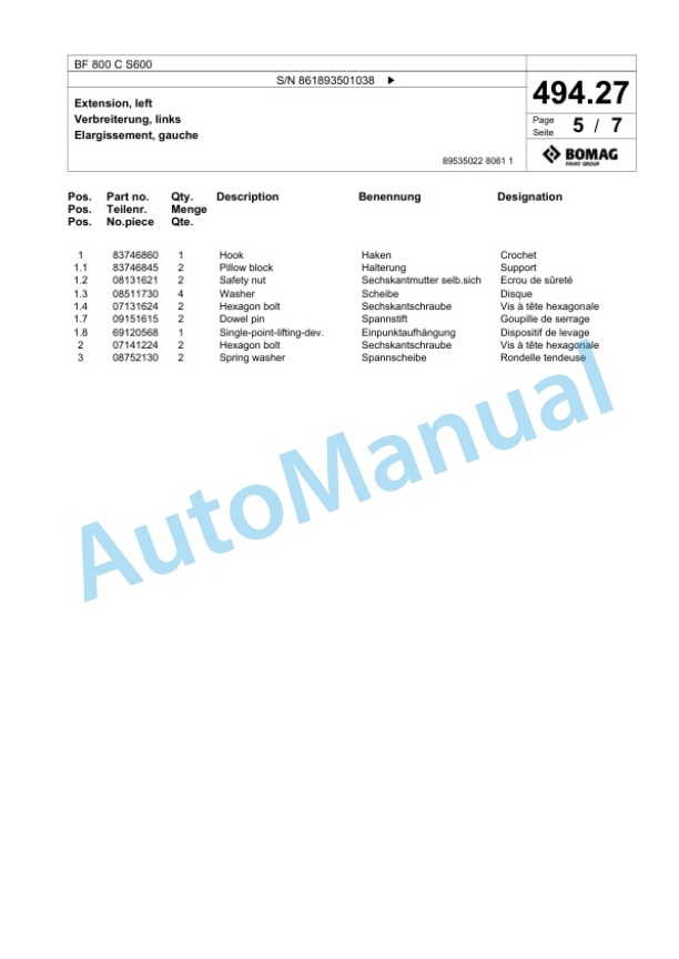 Bomag BF 800 C S600 Paver Spare Parts Catalogue 00825121 2 Bomag BF 800 C S600 Paver Spare Parts Catalogue 00825121-2