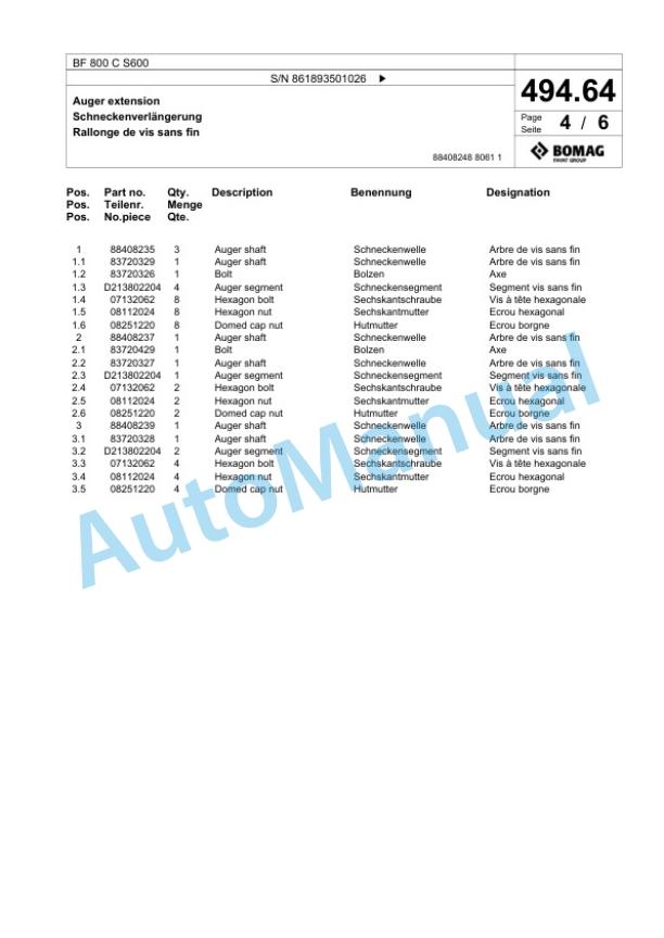 Bomag BF 800 C S600 Paver Spare Parts Catalogue 00825121 4 Bomag BF 800 C S600 Paver Spare Parts Catalogue 00825121-4