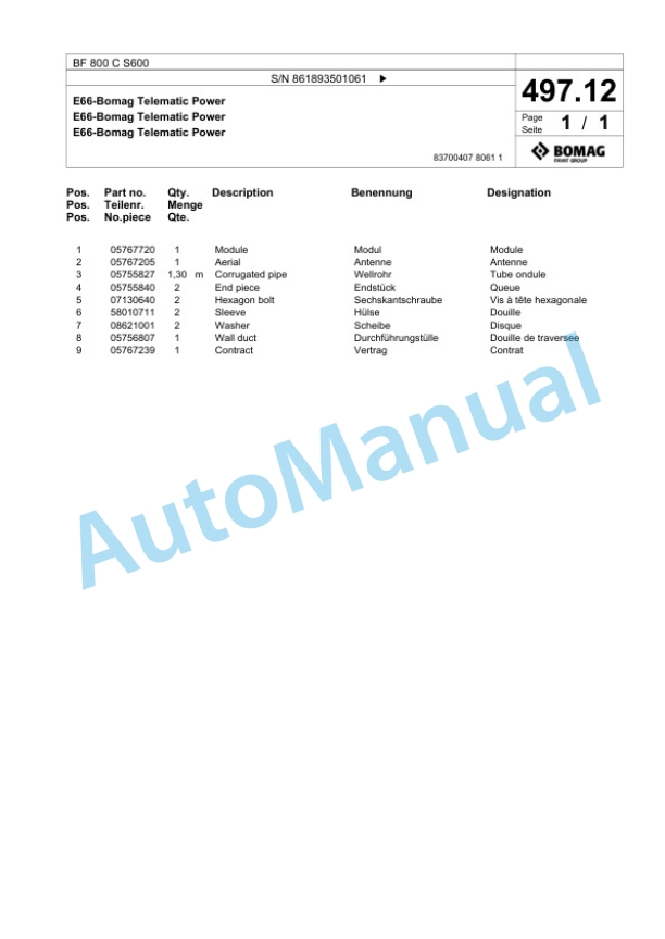 Bomag BF 800 C S600 Paver Spare Parts Catalogue 00825121 5 Bomag BF 800 C S600 Paver Spare Parts Catalogue 00825121-5