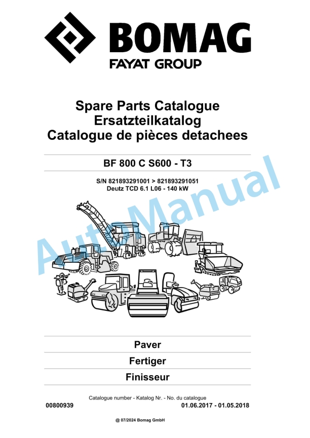 Bomag BF 800 C S600 - T3 Paver Spare Parts Catalogue 00800939