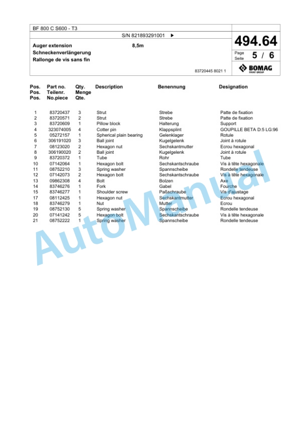 Bomag BF 800 C S600 - T3 Paver Spare Parts Catalogue 00800939 3 Bomag BF 800 C S600 - T3 Paver Spare Parts Catalogue 00800939-3