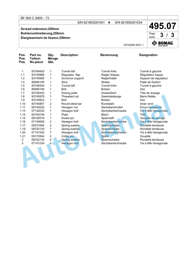 Bomag BF 800 C S600 - T3 Paver Spare Parts Catalogue 00800939 4 Bomag BF 800 C S600 - T3 Paver Spare Parts Catalogue 00800939-4