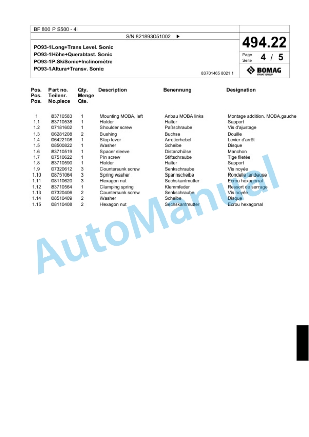 Bomag BF 800 P S 500-4i Paver Spare Parts Catalogue 00824513 2 Bomag BF 800 P S 500-4i Paver Spare Parts Catalogue 00824513-2