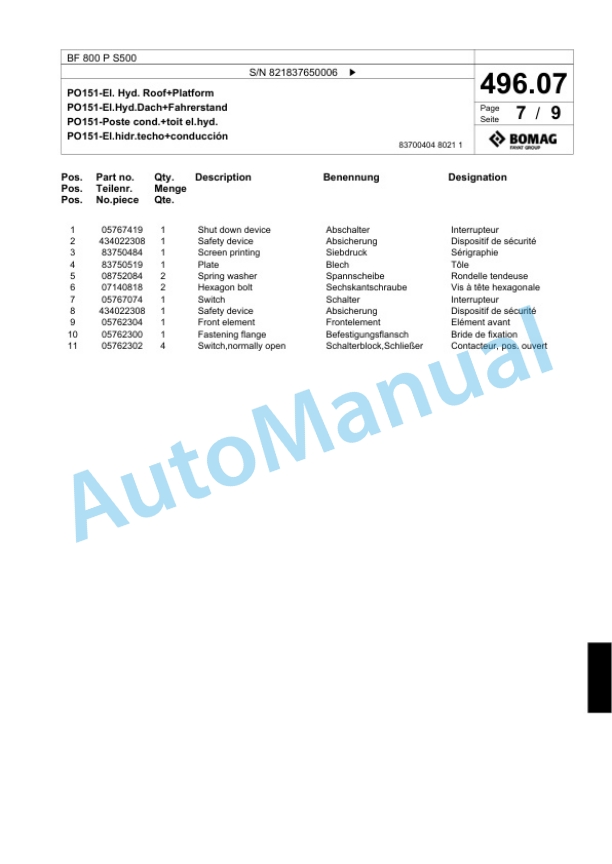Bomag BF 800 P S500 Paver Spare Parts Catalogue 00800685 4 Bomag BF 800 P S500 Paver Spare Parts Catalogue 00800685-4