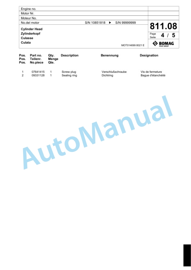 Bomag BF 800 P S500 Paver Spare Parts Catalogue 00800685 5 Bomag BF 800 P S500 Paver Spare Parts Catalogue 00800685-5