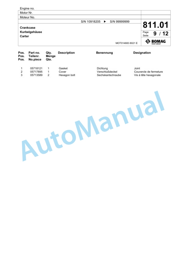 Bomag BF 800 P S500 Paver Spare Parts Catalogue 00800687 3 Bomag BF 800 P S500 Paver Spare Parts Catalogue 00800687-3