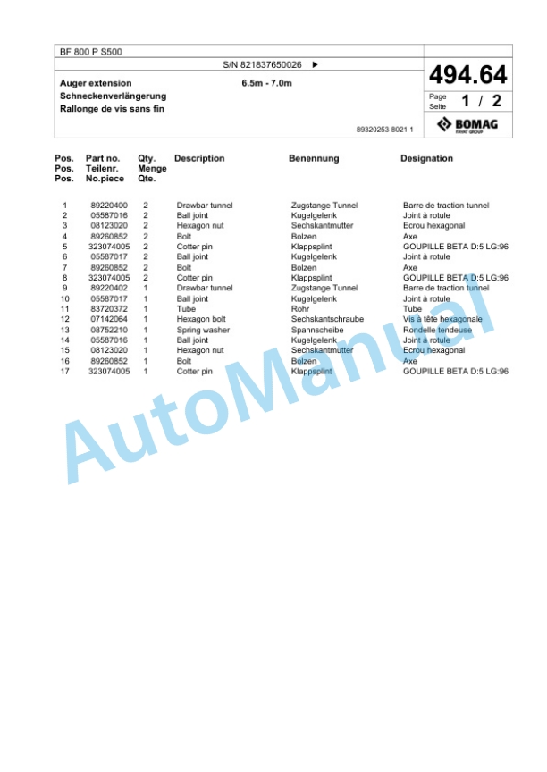 Bomag BF 800 P S500 Paver Spare Parts Catalogue 00800879 4 Bomag BF 800 P S500 Paver Spare Parts Catalogue 00800879-4
