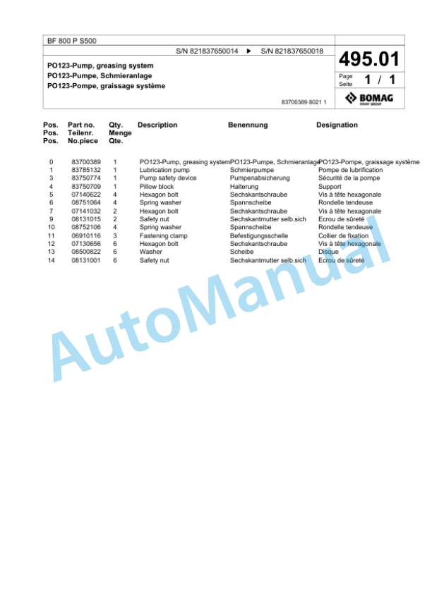 Bomag BF 800 P S500 Paver Spare Parts Catalogue 00800879 5 Bomag BF 800 P S500 Paver Spare Parts Catalogue 00800879-5